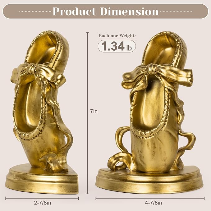 Bookends for Shelves, Ballet Slipper Decorative Bookends - Book Ends with Anti-Slip Pad for Book Lovers Dancers Heavy Book Holder for Home Office Decor (Gold)
