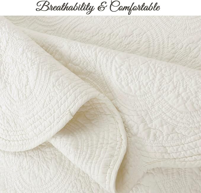 Cozy Line Home Fashions 100% Cotton Medallion Off White Matelasse Embossed Bedding Quilt Set, Reversible Lightweight Bedspread, Coverlet for All Season (Ivory, Oversized King - 3 piece)