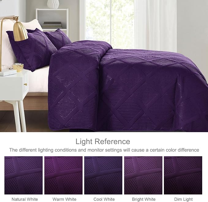 Exclusivo Mezcla Quilt King Size, Deep Purple | Soft Bedspreads with 2 Pillow Shams, Modern Striped Pattern, Lightweight Bedding Set Coverlets for All Seasons, 104x96 Inch