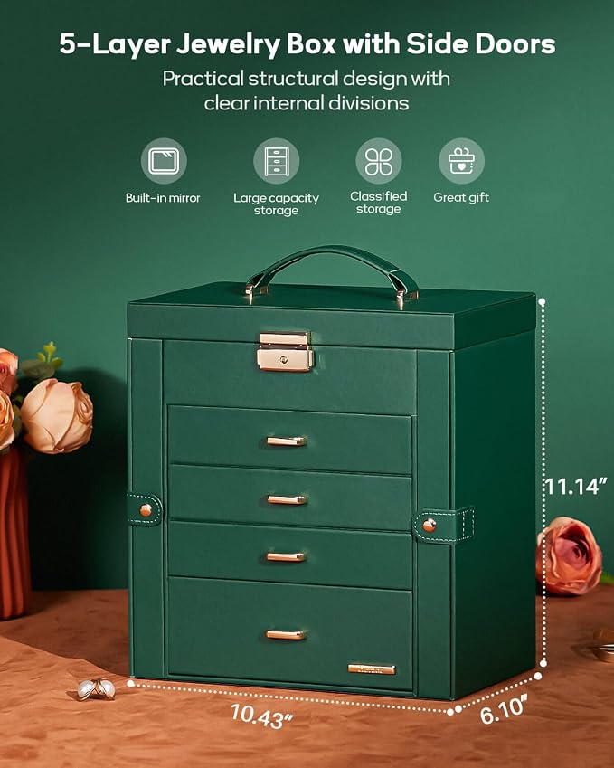 Homde Large Jewelry Box for Women: 5-Layer Organizer with Lock for Dresser | Separated Storage for Necklace Earring Ring Watch to Sort Daily Jewelry - Keep Vanities Tidy - Suitable for Birthday Gift