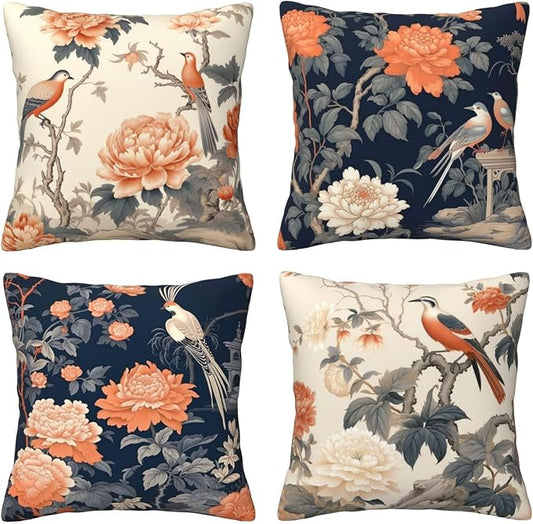 Chinoiserie Throw Pillow Covers 18x18 inch Set of 4 Peony Floral Pillow Cases Bird Flower Decorative Cushion Covers for Sofa Couch