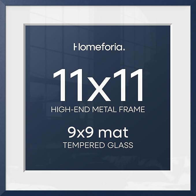 Homeforia 11x11 Blue Picture Frame, High-End Metal, 9x9 Mat, Glass
