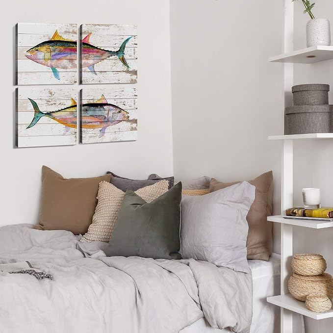 Tuna Fish Wall Decor Ocean Canvas Art Beach Bathroom Coastal Decor Rustic Fish Pictures Kitchen Nautical Sea Animal Painting Marine Life Artwork for Bedroom Dinner Room Modern Home Decorations 16x16"