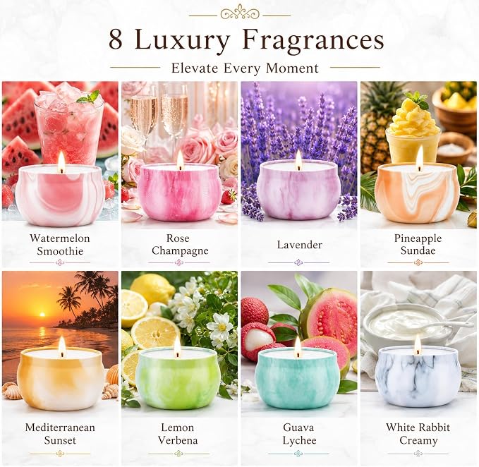 Scented Candles Gift Set, 8 Pack Soy Wax Blend Candles, 70 g Metal Candle Cans with Pastel Marble Cloud Pattern, 8 Assorted Fragrances, Reusable Iron Containers for Home Decor and Gifts