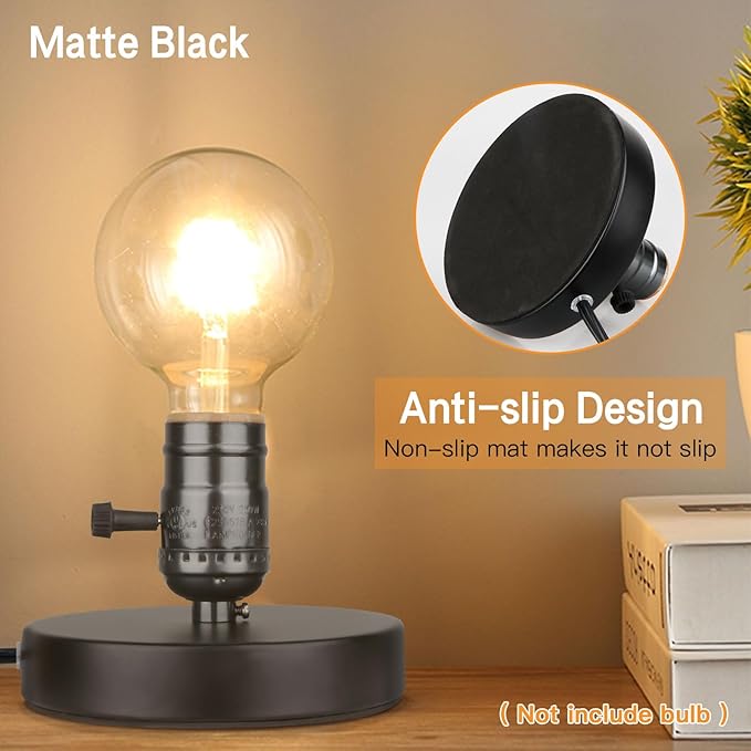 Vintage Table Lamp Base Only Without Shade, Mini Basic Edison Exposed Light Bulb Stand, E26 E27 Short Edison Desk Lamps for Small Spaces with 5.75' Cord ON Off Switch & Plug in (Matte Black)