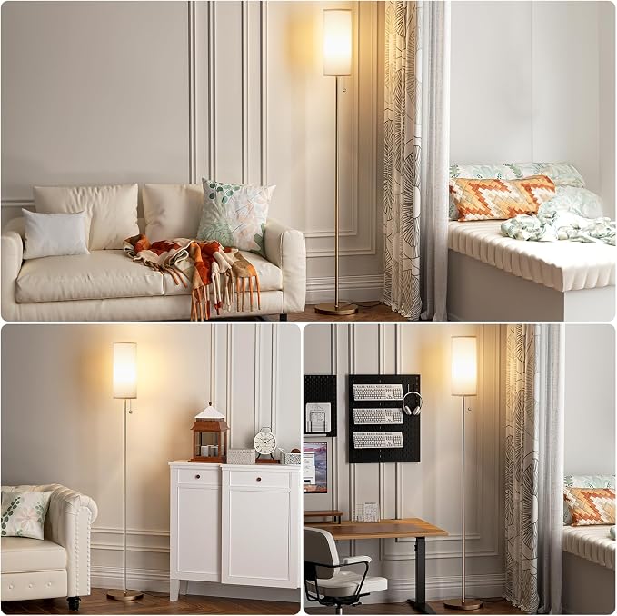 Ambimall 64" Floor Lamp with Bulb & Lampshade & Chain Switch, White & Brown