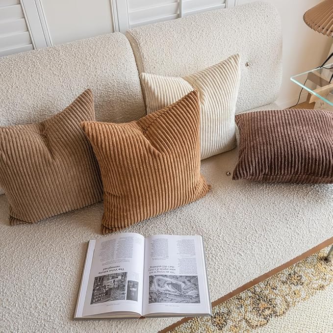 LANANAS Neutral Couch Throw Pillow Covers 18x18 Inch Set of 4 Decorative Farmhouse Boho Throw Pillows for Living Room, Couch, Bed, Sofa Soft Corduroy Accent Home Decor (Neutral Brown, 18x18 Inch) | Set of 4 Neutral Couch Farmhouse Boho Throw Pillows fo...