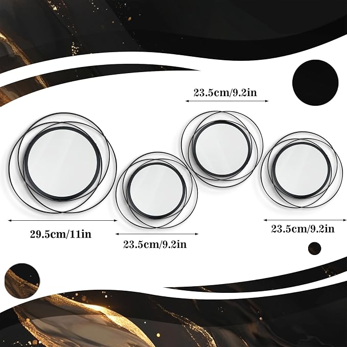 4 Set Circle Mirrors for Wall Decor Living Room Bedroom Entryway | Metal Round Mirror Decorative Hanging Mirrors Sun Bohemian Geometric Accent Sculpture Black 11 In/9.2 in