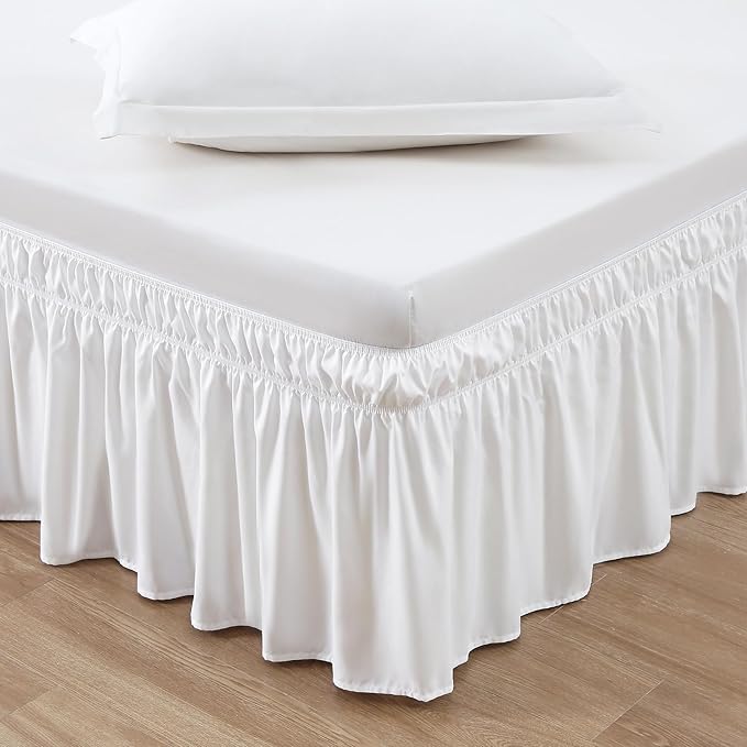 MEILA Wrap Around Bed Skirt for Queen & King Beds, 24" Drop,Natural White | Three-Side Adjustable Elastic Dust Ruffle, Ruffled Polyester Fabric, Easy to Install, Fade Resistant & Machine Washable