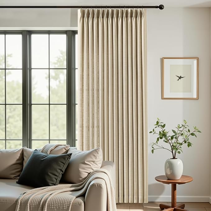 Pinch Pleated Linen Blend Light Filtering Sheer Curtains for Sliding Door | Living Room, Semi Sheer, Pinch Pleat, Hook Rings, Large Window Drapes, Extra Wide, Soft, Thick, 70Wx96L, Sand Beige, 1 Panel