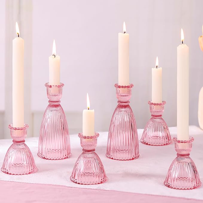 Pink Candle Holder Set of 6-4pcs 3.5"& 2pcs 6" Assorted Glass Pink Candlesticks Holder for Wedding Decor, Ribbed Taper Candle Holders Bulk for Bridal Shower, Home Table Centerpieces