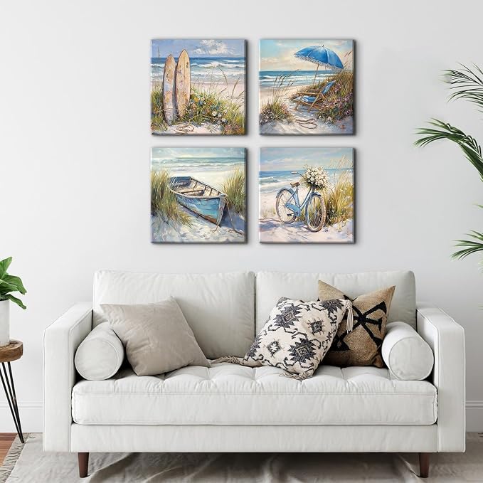 Beach Wall Art Bathroom Decor Rustic Coastal Landscape Bike Boat Surfboard Seaside Canvas Wall Decor for Living Room Abstract Nature Coast Seascape Picture Nautical Beachy Home Decorations 12x12" 4Pcs