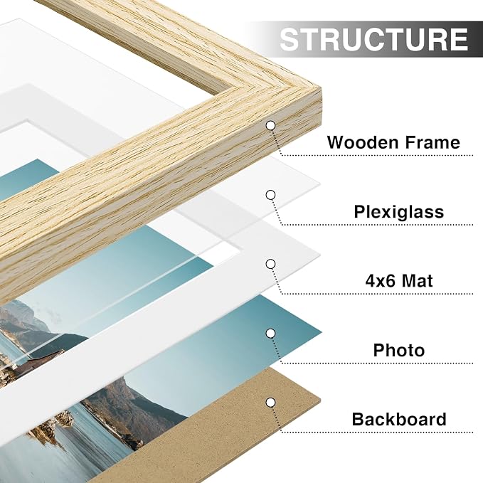 Vittanly 5x7 Picture Frames Set of 9 for Wall or Tabletop Display, OAK | Display Pictures 4x6 with Mat or 5x7 without Mat, Small Photo Frames, Engineered Wood with Shatter Resistant Plexiglass