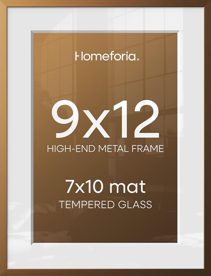 Homeforia 9x12 Bronze Picture Frame, High-End Metal, 7x10 Mat, Glass