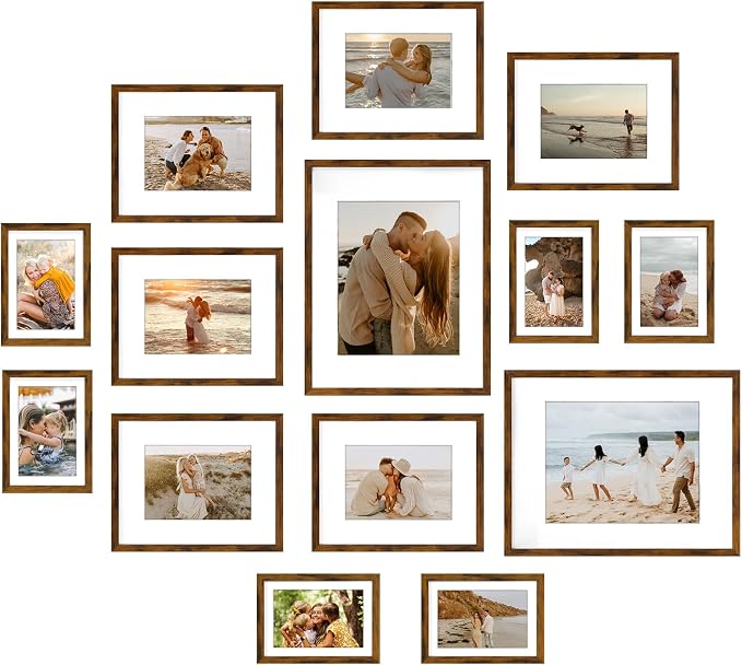 Giftgarden 14 Pack Brown Picture Frames Set, 2pcs 11x14 Matted for 8x10, 6pcs 8x10 Matted for 5x7, 6pcs 5x7 Matted for 4x6, Gallery Frame Collage for Wall or Tabletop Display