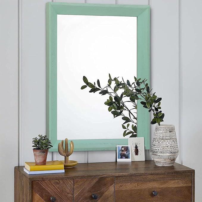 AAZZKANG Wood Framed Mirror Rectangle Modern Farmhouse Wall Mirrors Decor Large 28"x20" for Bedroom Living Room Bathroom Dressing Room Green
