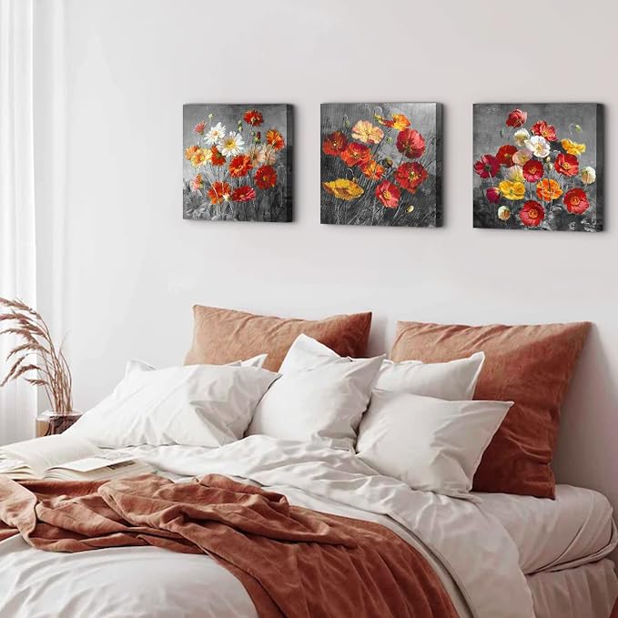 Burnt Orange Poppy Wall Art Bedroom Flower Pictures Wall Decor Wildflower Paintings Daisy Poppies Posters Black and Grey Botanical Canvas Prints Artwork for Living Room Home Decorations 12x12" 3 Piece