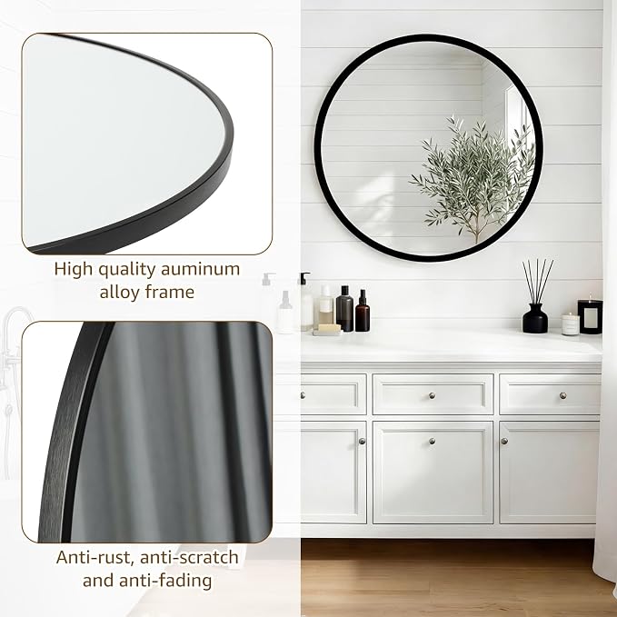 DUMOS 28 Inch Round Wall Mirror, Bathroom Mirrors for Over Sink | Matte Metal Framed Circle Mirror, Wall Decor for Bedroom, Entryway, Anti-Rust, Tempered Glass, Hanging or Leaning, Black