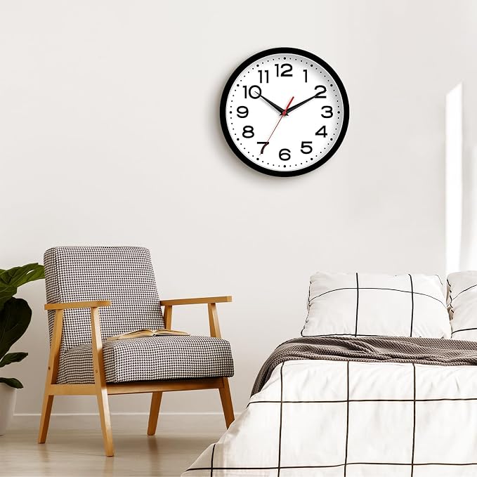Roymnie 10 Inch Wall Clock, Battery Operated Silent Non Ticking Black | analog wall clock; bold numerals for easy reading; silent non-ticking; 1 AA battery (not included); for classroom
