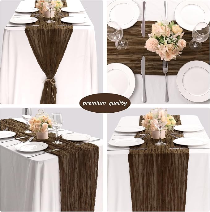 Fivenl 12 Pack Brown Boho Rustic Cheesecloth Table Runner 35x72 Inch Romantic Vintage Gauze Table Runner for Wedding Bridal Shower Birthday Party Table Decor
