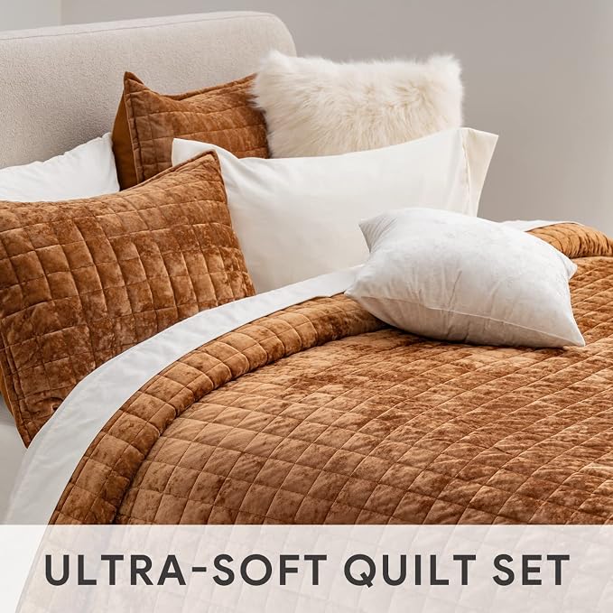 RECYCO Channel Box Stitch Velvet Quilt Set, Queen Size, Rusty Burnt Orange | Ultra Soft Lightweight Velvet Comforter, Luxury Oversized Bedspread Coverlet, Quilted Bedding Set for All Season with 2 Shams