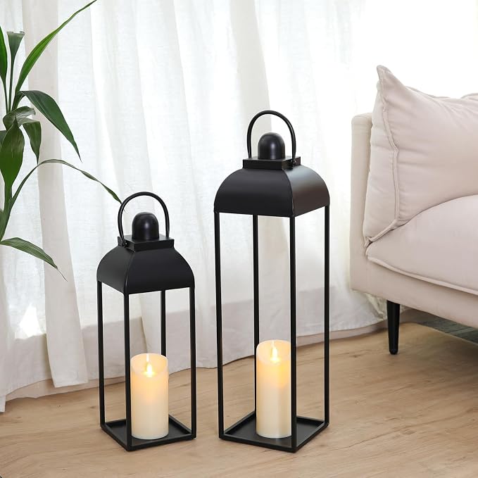 25'' 19'' Lanterns Decorative Outdoor Indoor, Black Metal Outdoor Lanterns | Set of 2 No Glass Modern Farmhouse Decorative Lantern with Candle and Remote Control for Fireplace, Patio, Porch, Floor