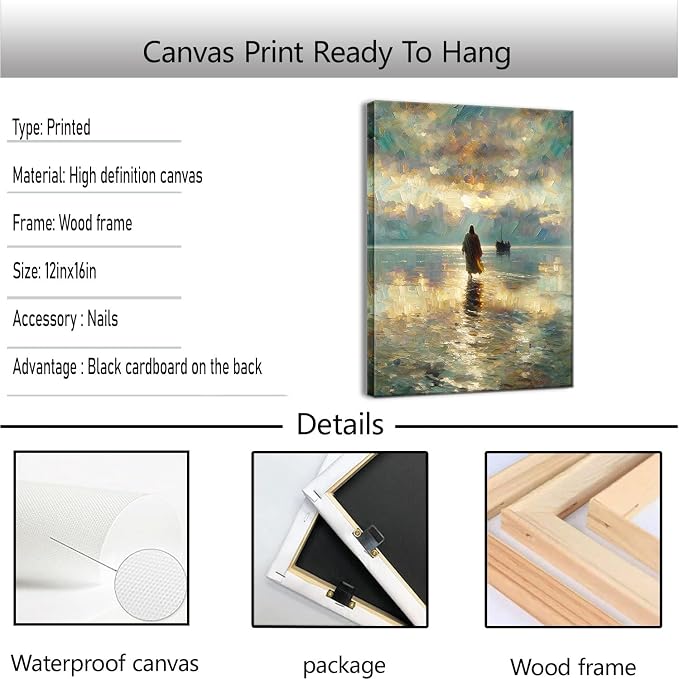 Framed Jesus Pictures for Wall God Canvas Wall Art Jesus Walking on Water Paintings print for Living Room Christian Art Decor Religious Posters Ready to Hang 12x16Inches
