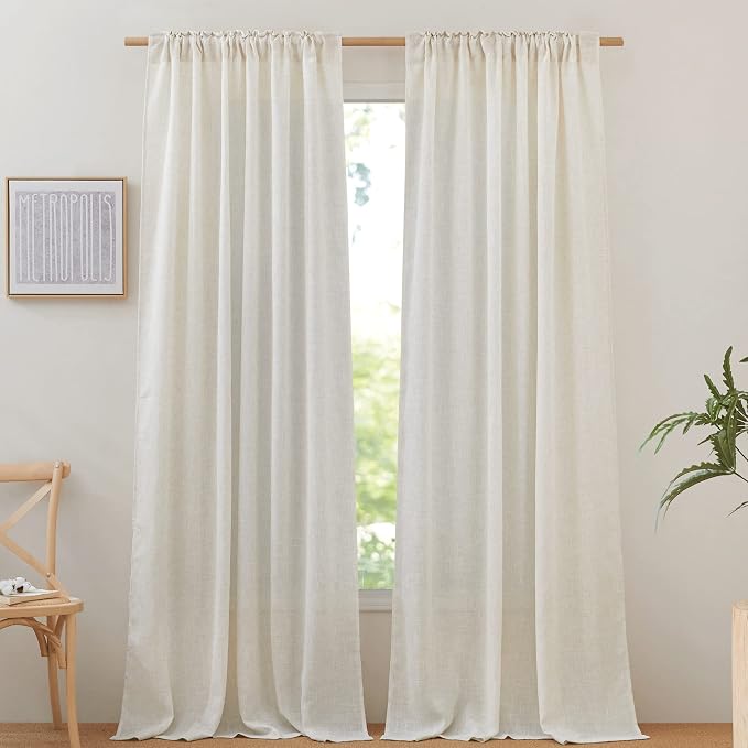 NICETOWN Extra Long Semi Sheer Linen Curtains for Living Room, Rod Pocket & Back Tab Privacy with Light Filtering Linen Weave Burlap Window Treatments for Bedroom, W52 x L144, 2 Panels