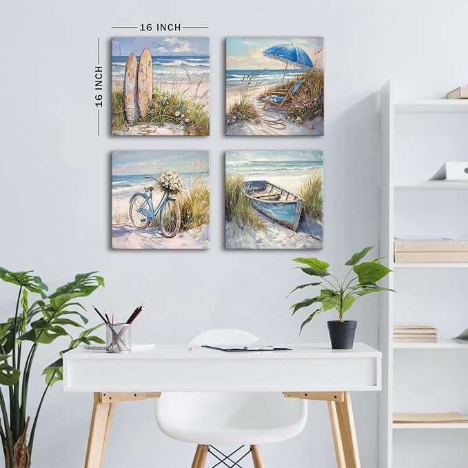 Coastal Beach Canvas Wall Art Seaside Landscape Wall Decor for Bathroom Beachy Chair Boat Flower Bike Sea Reed Picture Living Room Ocean Seascape Poster Bedroom Kitchen Home Decorations 16x16" 4P