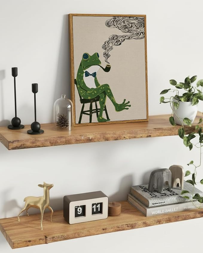 WHASAYART Funny Frog Canvas Wall Art, 12x16 Framed Vintage Animal Painting, Whimsical Frog Pipe with Bow Tie, Retro Surreal Wall Decor for Living Room Bedroom Office Bar Home