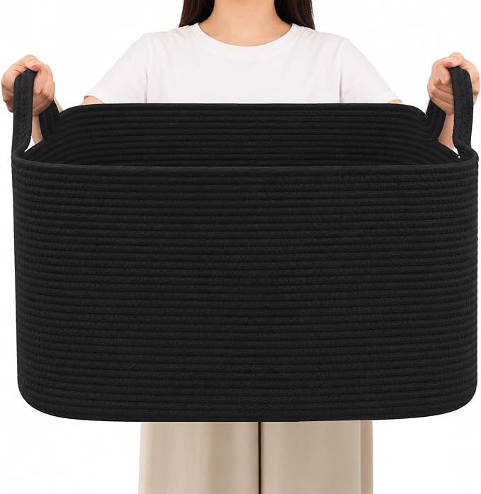 65L Large Laundry Basket with Handles,Woven Blanket Basket,Black | 21"×16"×12" Collapsible Cotton Rope Storage Basket for Toys Clothes & Pillows, Nursery, Bathroom, Bedroom, Living Room