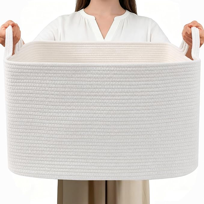 96L Woven Laundry Basket with Handles, Extra Blanket Basket,White | 24"×16"×15" Collapsible Cotton Rope Storage Basket for Toys Clothes & Pillows, Nursery, Bathroom, Bedroom, Living Room