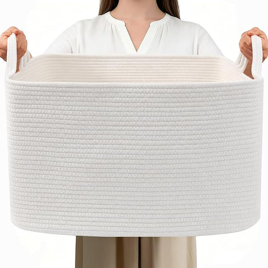 65L Large Laundry Basket with Handles,Woven Blanket Basket,White | 21"×16"×12" Collapsible Cotton Rope Storage Basket for Toys Clothes & Pillows, Nursery, Bathroom, Bedroom, Living Room