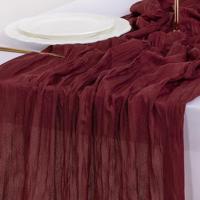 Cheesecloth Table Runner Fall Boho Wedding Birthday Party Home Decor | Burgundy 3pcs Rustic Gauze 10FT Cheese Cloth Sheer Farmhouse Dining Runner for Baby Shower Bridal Holiday Decorations