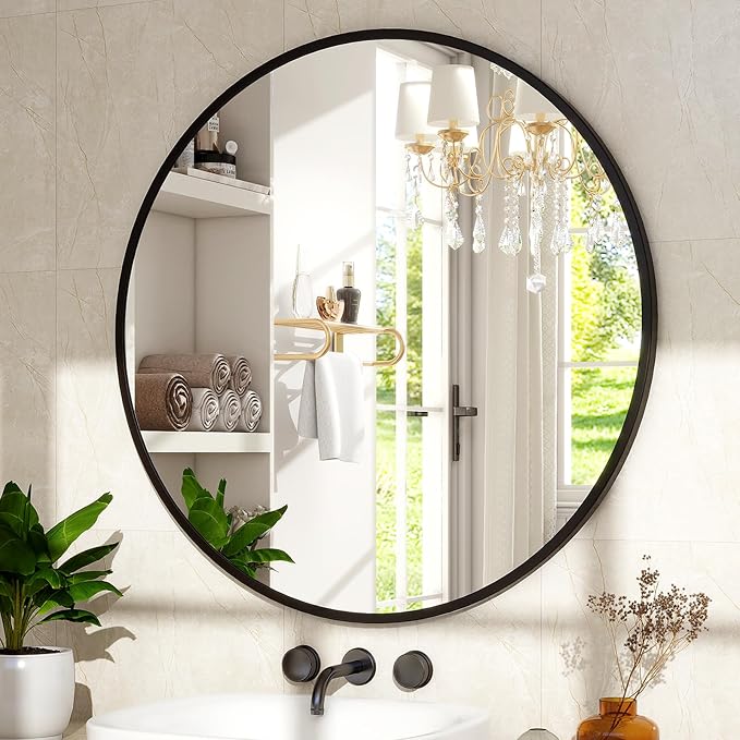 XRAMFY 36 Inch Round Mirror-Black Circle Mirrors for Bathroom, Entryway | Modern Hanging Vanity Mirror for Livingroom, Wall Decor, Bedroom, Matte Black Circle Decorative Wall Mirror