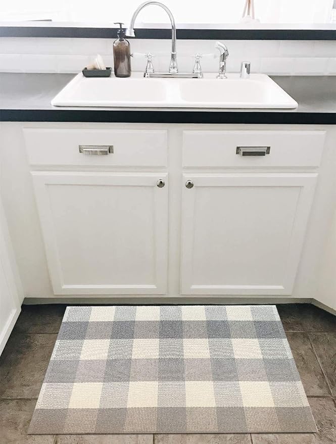 LEVINIS Grey Buffalo Check Rug 43.3'' × 27.6‘’ Cotton Hand-Woven Outdoor Rugs for Porch Farmhouse Layered Door Mats Front Porch Décor