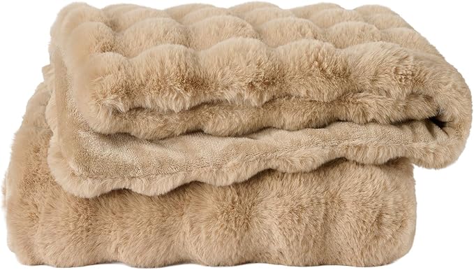 Lotus Karen King Size Faux Fur Blanket Khaki - Big Bubble Rabbit Fluff Blanket for Bed, Large Fluffy Fuzzy Cozy Blanket, Thick Furry Plush Shaggy Blankets, 108x90 Inches