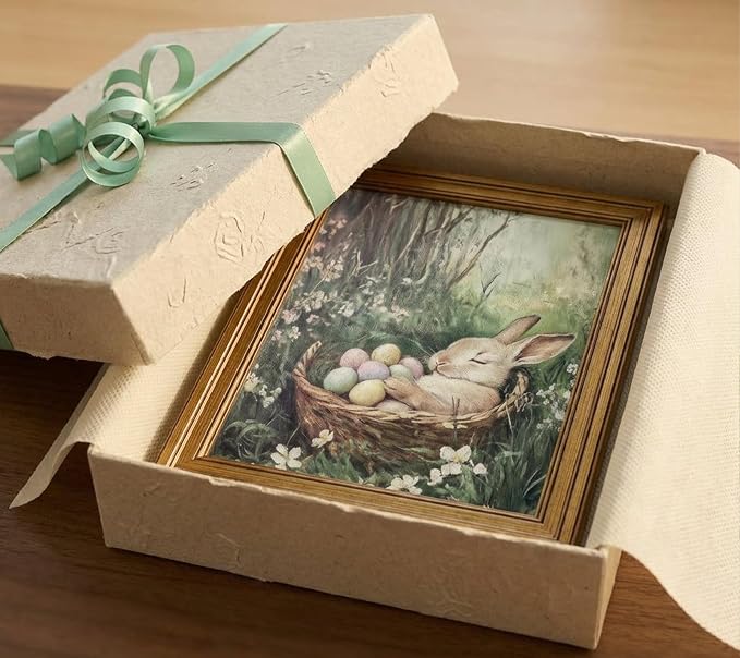Rienkhu Vintage Easter Rabbit Canvas Wall Art Print Coloured Eggs and Bunny Painting Picture Farmhouse Home Wall Decor for Bedroom Room Living Home Decoration 12x16in