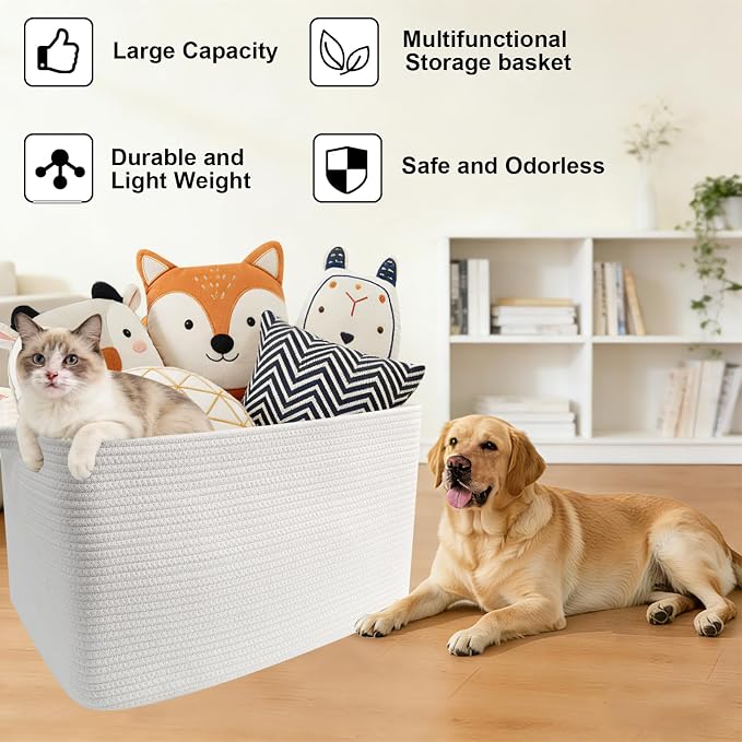 96L Woven Laundry Basket with Handles, Extra Blanket Basket,White | 24"×16"×15" Collapsible Cotton Rope Storage Basket for Toys Clothes & Pillows, Nursery, Bathroom, Bedroom, Living Room