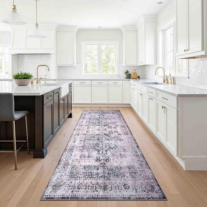 Machine Washable Area Rug, Soft & Durable, Non-Slip, Stain Resistant Rug for Bedroom, Living Room, Dining Room, High Traffic Areas. (Grey/Soft Taupe, 2.5' X 10')