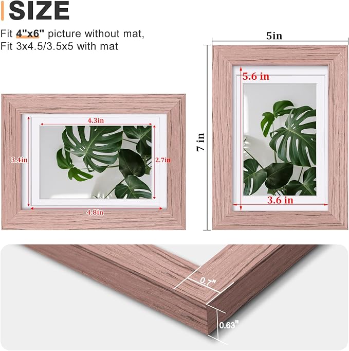 Egofine 4x6 Picture Frames Set of 4, Made of Solid Wood Covered by Plexiglass 3x4.5 and 3.5x5 with Mat or 4x6 without Mat, for Table Top Display and Wall Mounting Photo Frame, Peach Pink