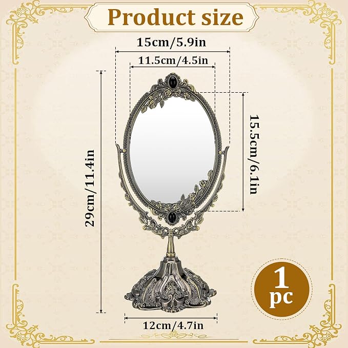 Vintage Double Side Makeup Mirror Floral Tabletop Oval Vanity Swivel Double-Sided-Mirror Vintage Swivel Double Sided Cosmetic Mirror with Stand for Dressing Room Bedroom (Bronze)