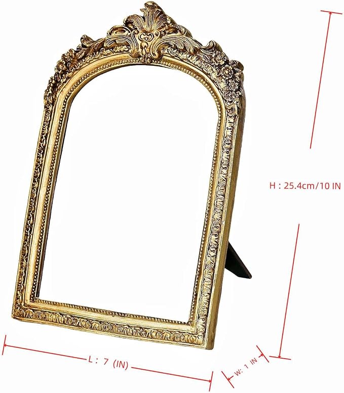 HSDDHOME Small Gold Vintage Vanity Desk Makeup Mirror Antique Decorative Wall Mirror,Resin Carved Arch Table Mirror with Stand for Living Room,Bedroom Dresser,Desktop Decor 10.2" x 7" ﻿