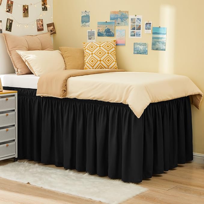 Dorm Room Bed Skirt Twin XL 46" Drop, College Split Corner Bedskirt, Black | Solid ruffled, Wrap-around/elastic, Wrinkle & Fade resistant, with Adhesive Strips, Gift Packed, Machine Wash/Tumble Dry/Iron