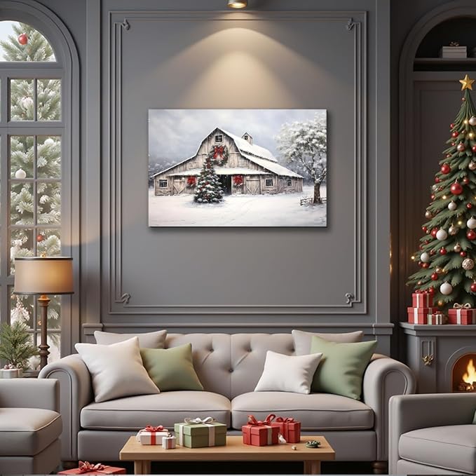 Framed Christmas Wall Art 12x18inch, Farmhouse Barn Pictures Wall Decor Winter snow Scene Canvas Painting Print Home Artwork Decorations for Bathroom Living Room Bedroom
