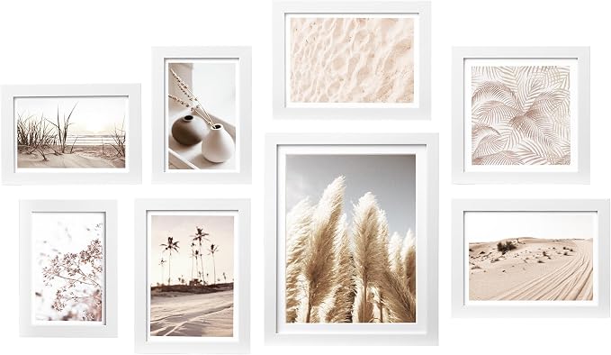 Gallery Wall Frame Set, 8 Pack White Picture Frames, Small | Collage Pampas Grass Prints Wall Art Decor for Living Room, Entryway, Stairway, Bedroom, Assorted Size