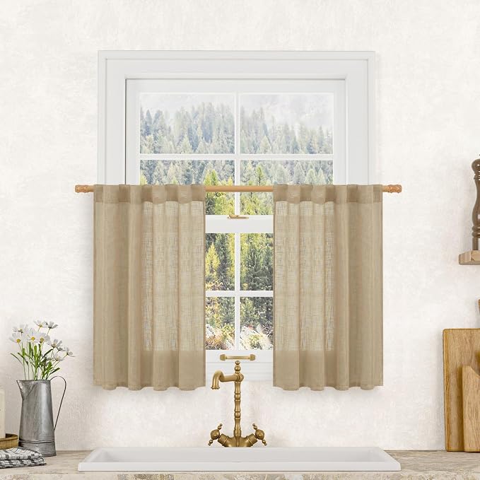 Semi Sheer Linen Curtains 36 Inch Length for Cafe Small Window | Light Filtering Panels, Neutral Drapes for Bathroom, Kitchen, Loft Room, Rod Pocket Back Tab, 25 x 36 Inch, Brown, 2 Panels