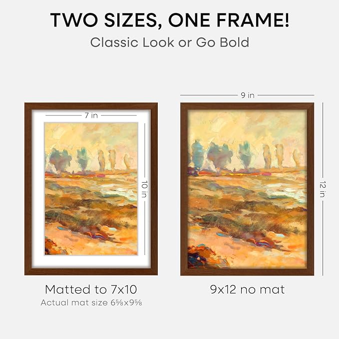 Homeforia 9x12 Brown Oak Picture Frame, High-End Wood, 7x10 Mat, Glass