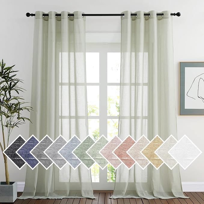 NICETOWN Linen Sheer Curtains for Living Room, Grommet Semi Sheer Privacy Vertical Window Draperies Privacy with Light Penetration for Hall/Villa, Sage Green, 52W by 96L, Set of 2
