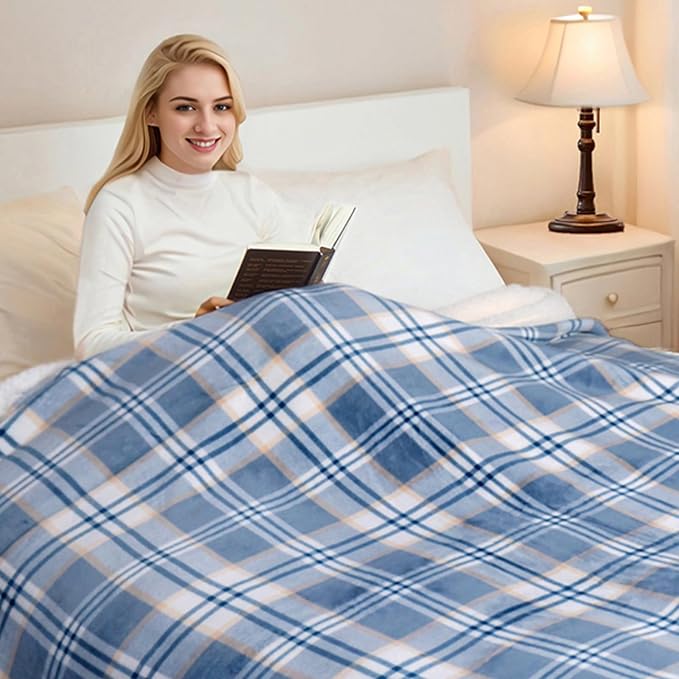 PU MEI Sherpa Blanket Queen Plaid Thick Bed Blanket, 80”*90” Super Soft Flannel Fuzzy Fleece Reversible Velvet Plush Warm Blanket for Couch (Blue White Check)